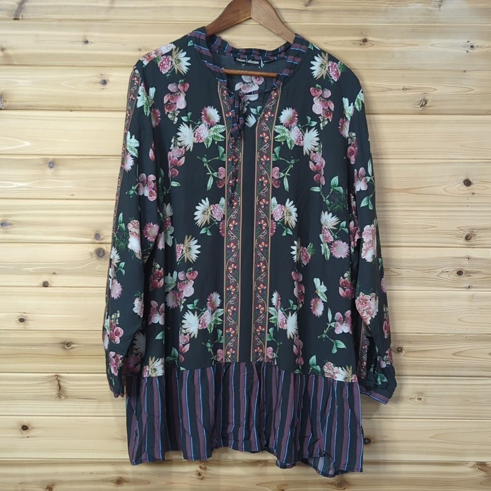 Tolani‎ Collection Top Womens 3X Multicolor Boho Printed Long Sleeve Blouse